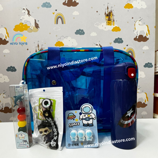 NIYO TOYS rakhi hamper in blue, includes water bottle, toys, and gifts for age 3+ and celebrations