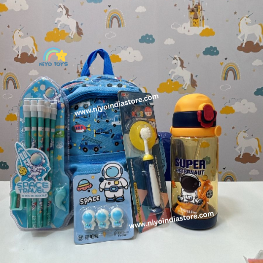 NIYO TOYS rakhi hamper featuring a blue space-themed backpack, pens, water bottle, and astronaut toys