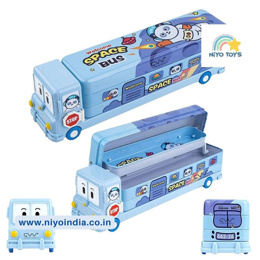 Colorful NIYO TOYS school bus pencil box with fun space theme and spacious storage for school supplies