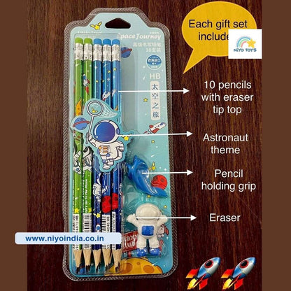 Space unicorn pencil set for kids with 10 pencils, eraser tip tops, and astronaut theme, perfect for age 5+