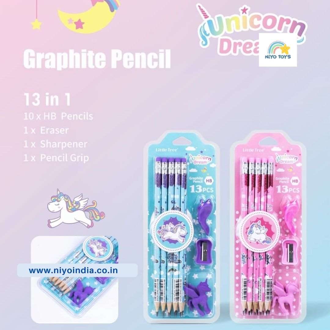 Space unicorn pencil set for kids, includes 10 pencils, eraser, sharpener, and grip, fun for ages 3 and up