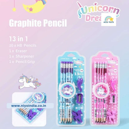 Space unicorn pencil set for kids, includes 10 pencils, eraser, sharpener, and grip, fun for ages 3 and up