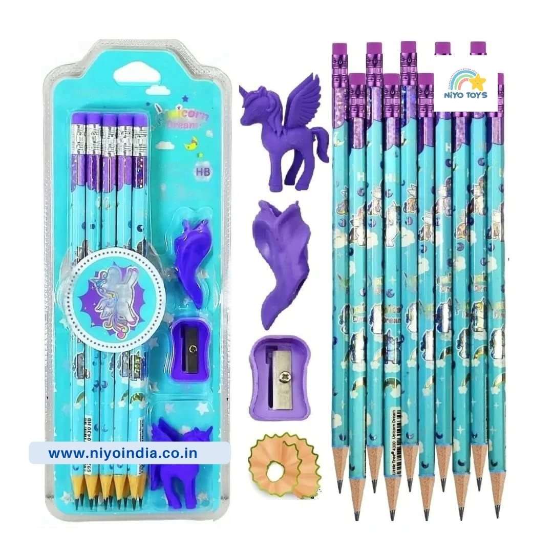 Space unicorn pencil set for kids featuring colorful pencils and cute erasers, perfect for ages 3 and up