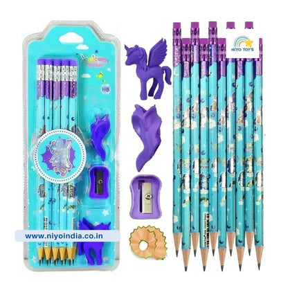 Space unicorn pencil set for kids featuring colorful pencils and cute erasers, perfect for ages 3 and up
