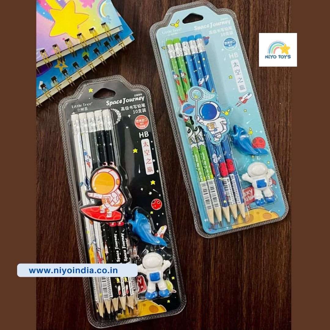 Space unicorn pencil set for kids, colorful pencils with astronaut and unicorn designs, ideal for creative play