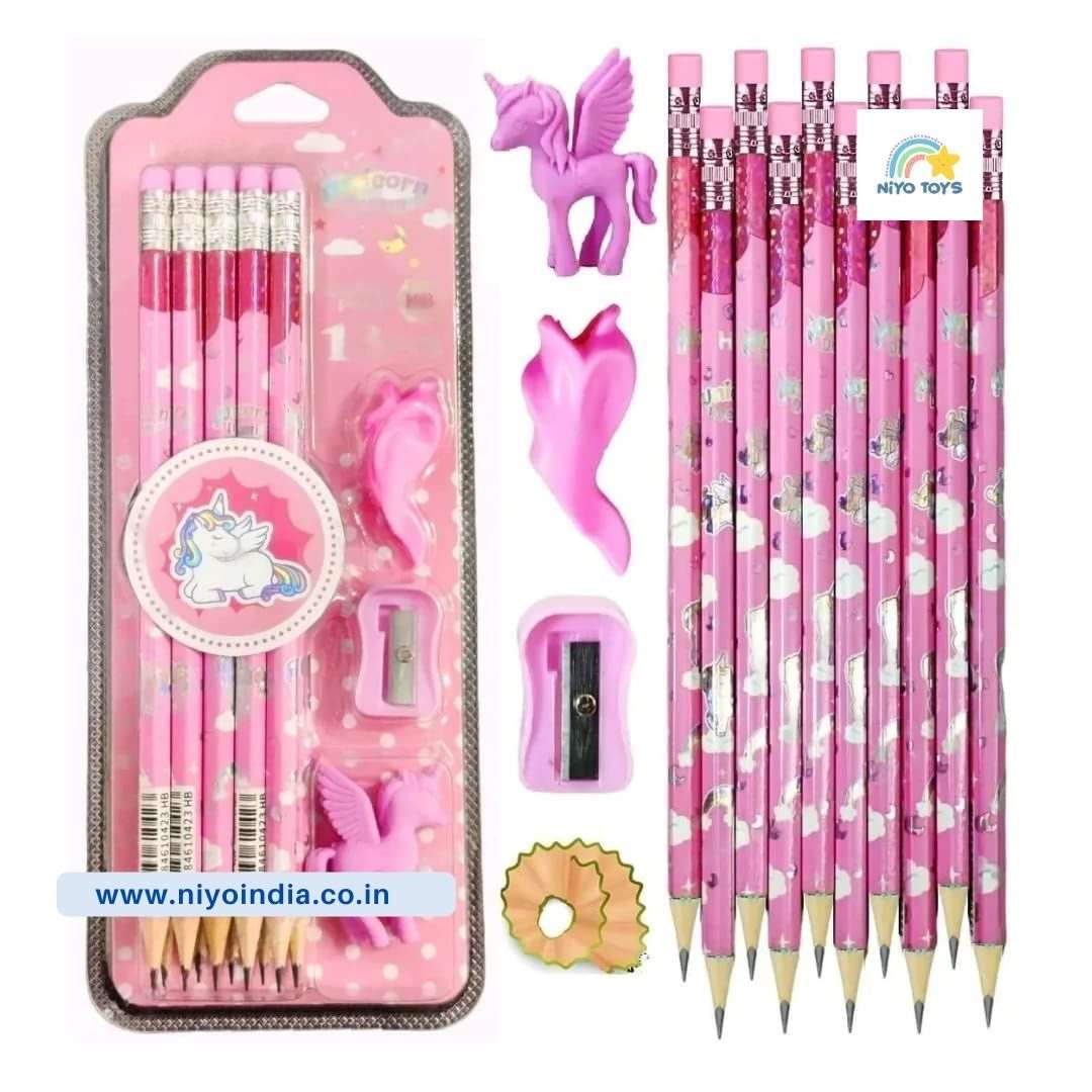 Pink space unicorn pencil set for kids with erasers and sharpener, perfect for ages 3 and up
