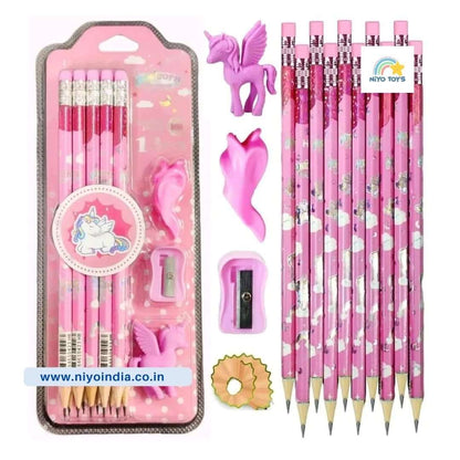 Pink space unicorn pencil set for kids with erasers and sharpener, perfect for ages 3 and up