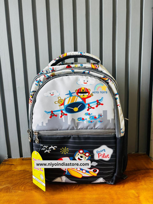 Colorful NIYO TOYS teddy bear backpack for kids with a pilot design and airplane graphics