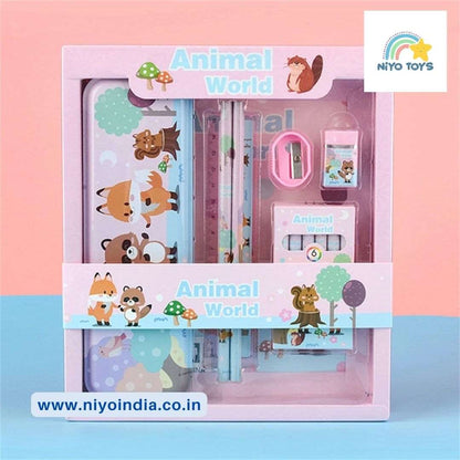 Unique kids stationery set featuring fun animal designs with essential school supplies in a gift box