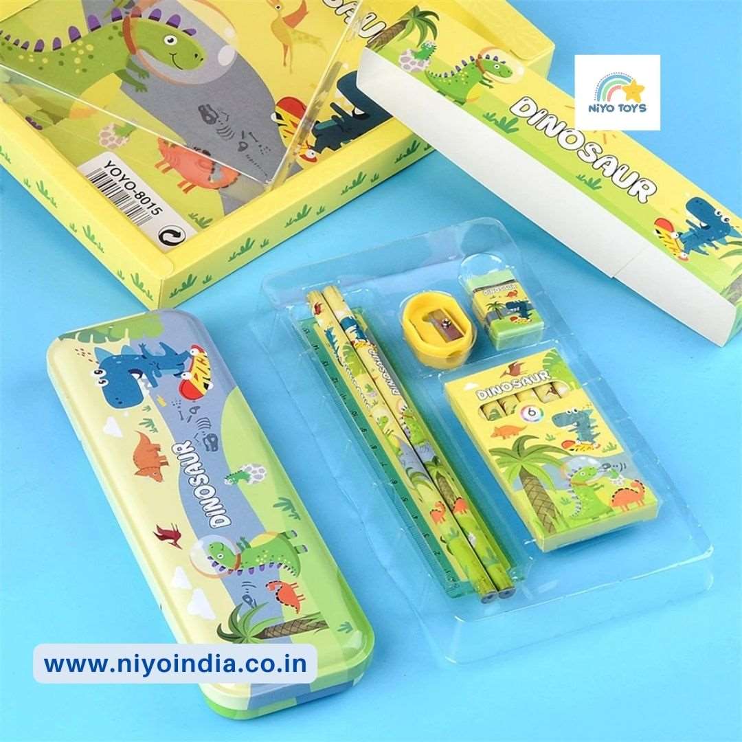 Unique kids stationery set with dinosaur-themed items including pencils, erasers, and notepad