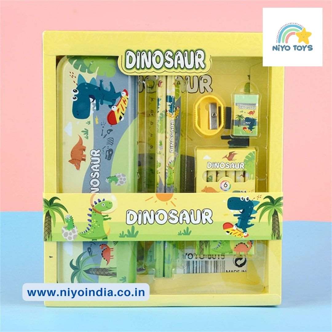 Colorful unique kids stationery set with dinosaur theme including pencils, sharpener, and erasers