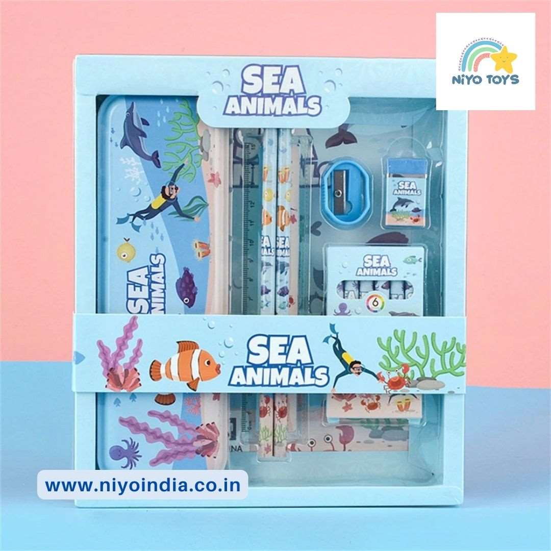 Unique kids stationery set featuring sea animals design with pens, notepad, and accessories for creative fun