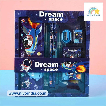 Unique kids stationery set featuring a space theme with rockets and astronauts in a colorful gift box