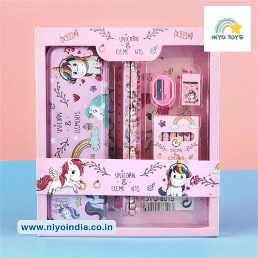 Unique kids stationery set featuring unicorn designs, including pencils, erasers, and a sharpener
