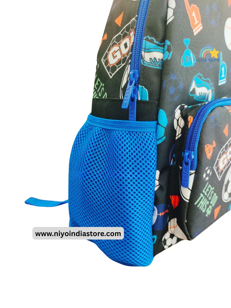 NIYO TOYS Vest kids backpacks 13 inch with colorful soccer-themed design and side mesh pocket