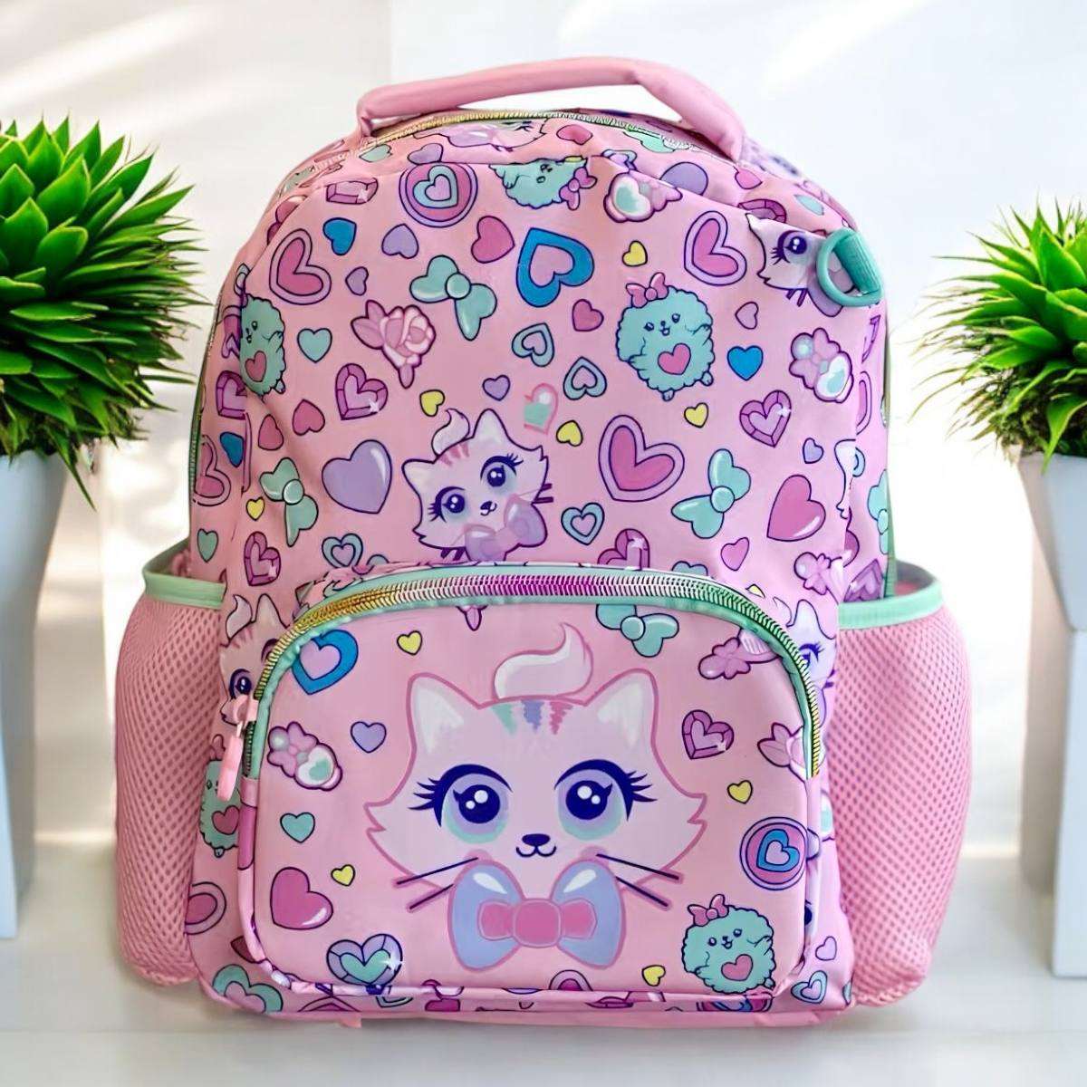 NIYO TOYS Vest kids backpacks 13 inch featuring a cute cat design with hearts and colorful patterns
