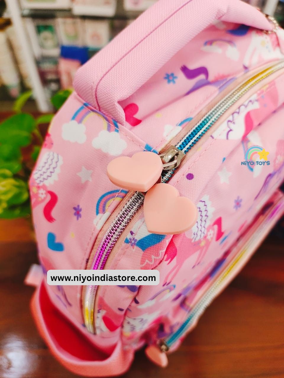 NIYO TOYS vest kids backpacks 13 inch in pink with unicorn design and heart-shaped zipper pulls