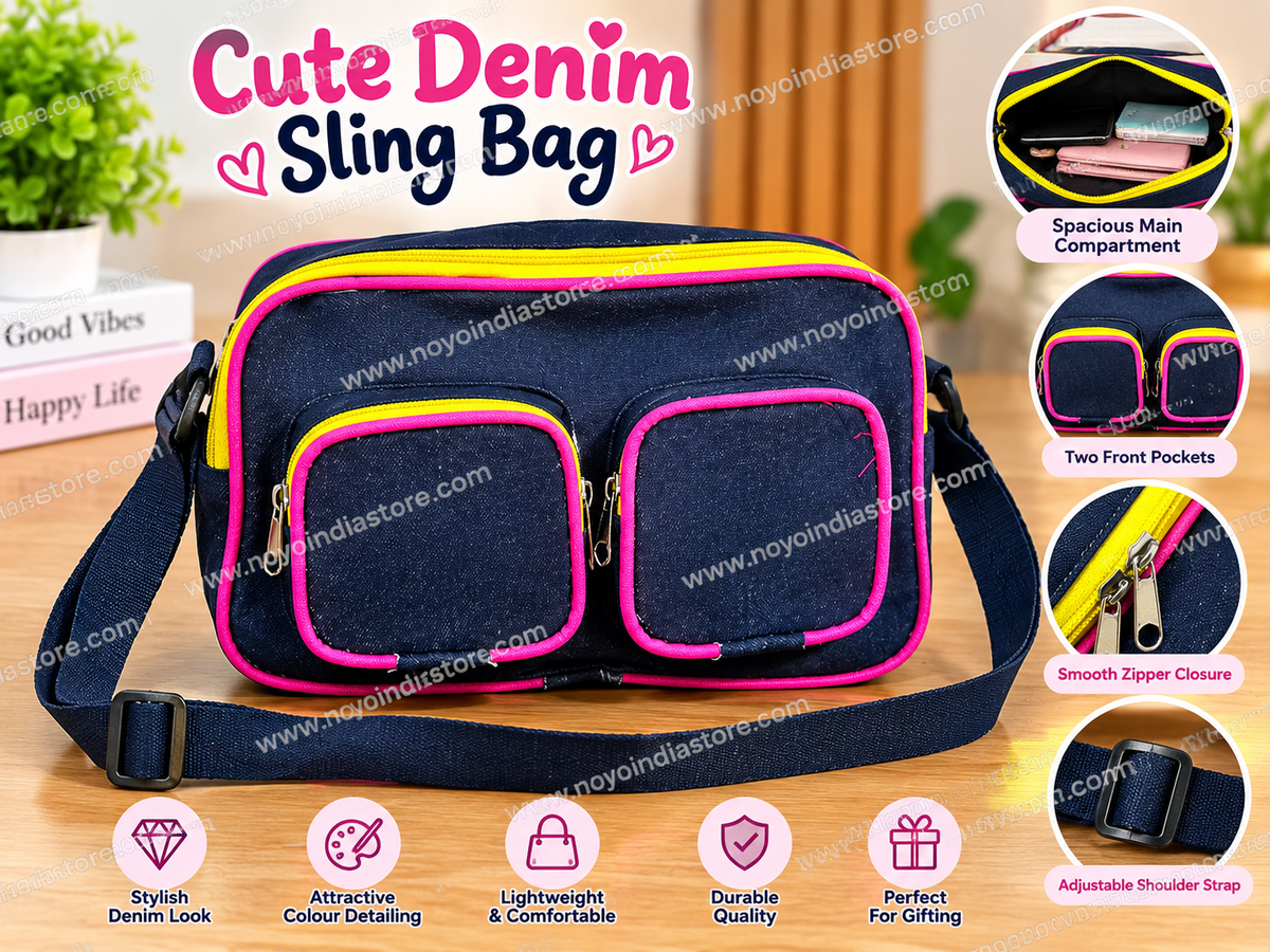 Cute denim coach bag for kids with spacious compartments and vibrant color detailing