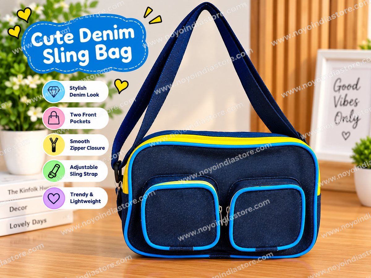 Cute denim coach bag for kids, featuring a stylish design, adjustable strap, and front pockets