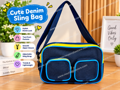 Cute denim coach bag with two front pockets, adjustable strap, perfect for kids and casual outings