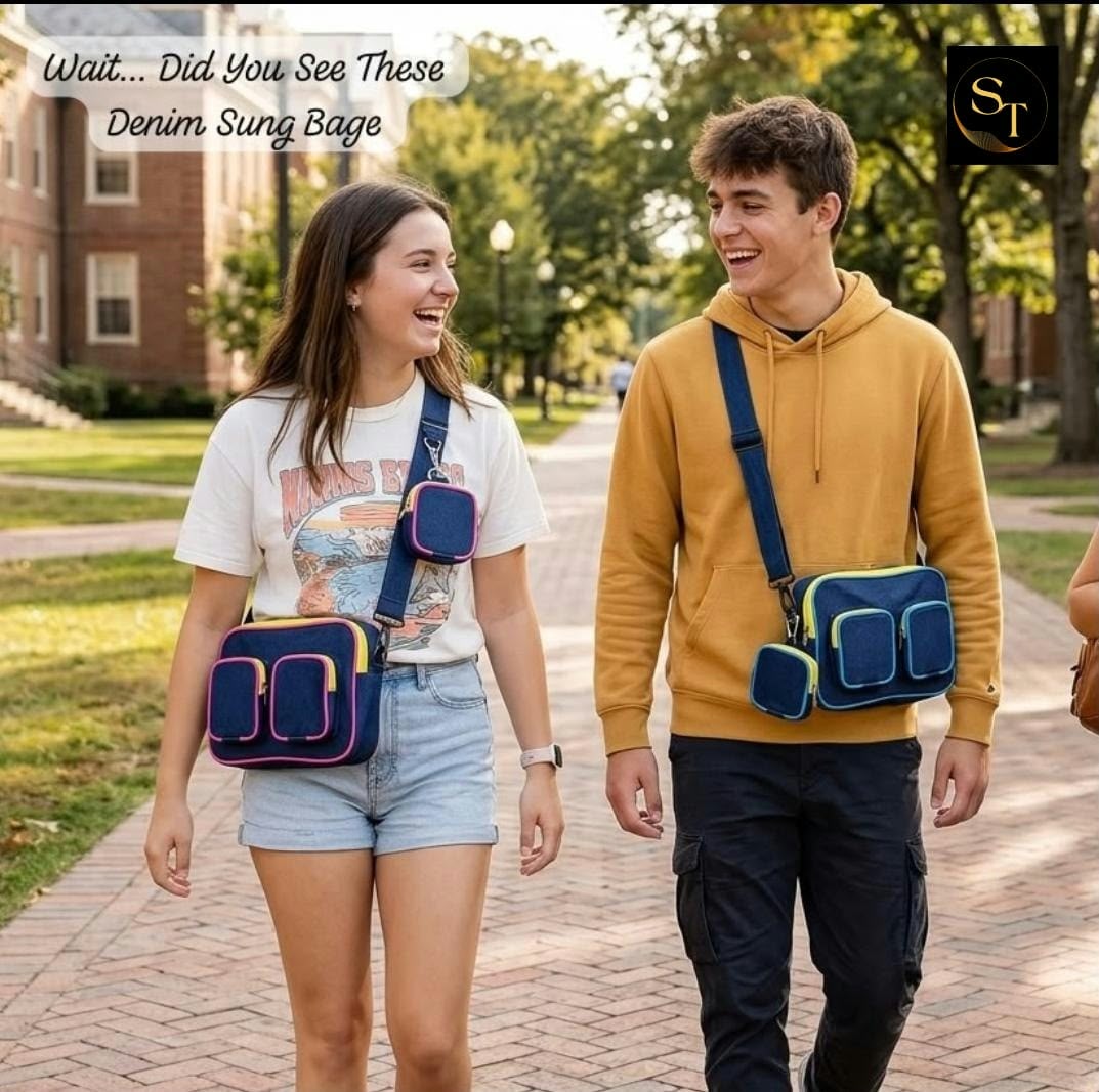 Denim coach bag with vibrant accents, perfect for teens and casual outings