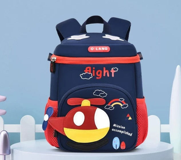Niyo Toys navy blue and red school bag with airplane design and Mission accomplished text