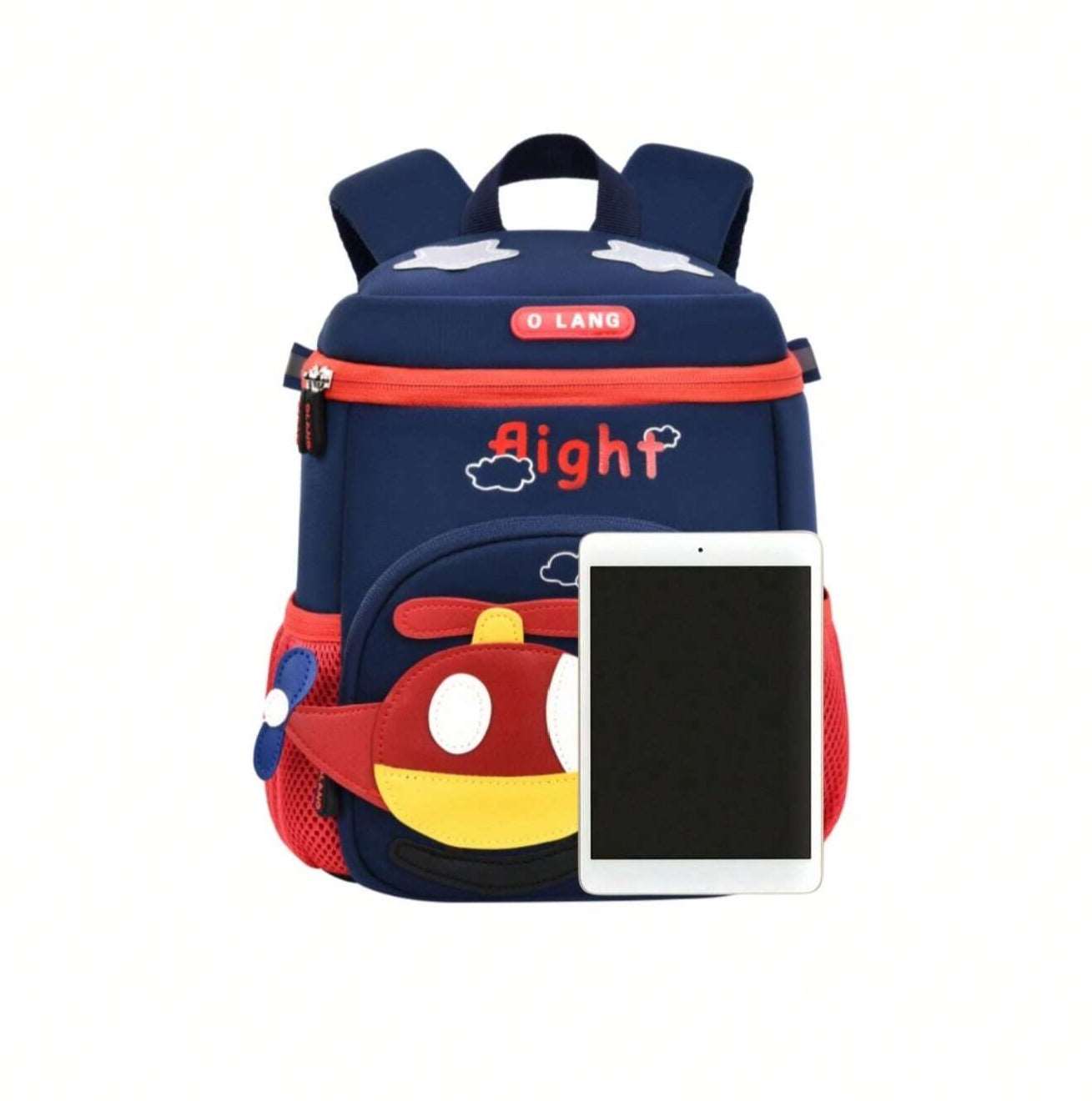 Niyo Toys navy blue and red school bag with airplane design and tablet for kids