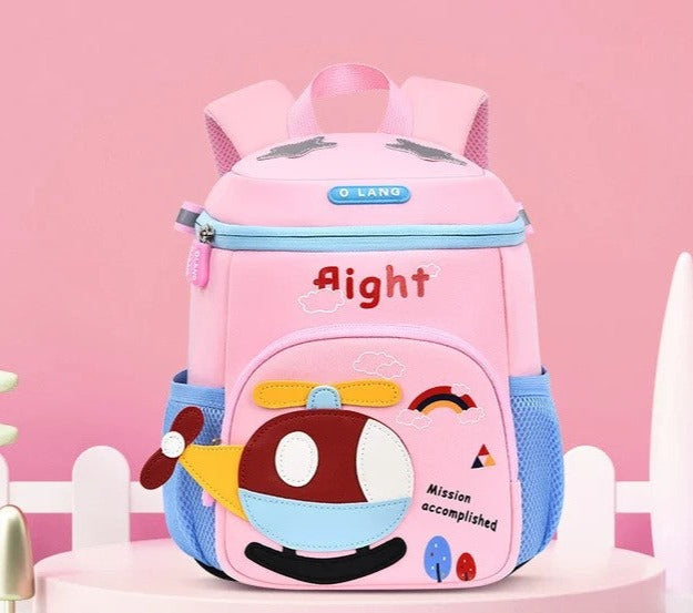 Niyo Toys pink school bag for kids with airplane design and blue side pockets
