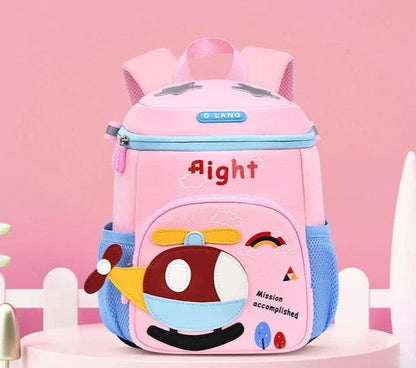 Niyo Toys pink school bag for kids with airplane design and blue side pockets