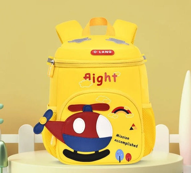 Niyo Toys yellow school bag with helicopter design and mission accomplished text for kids