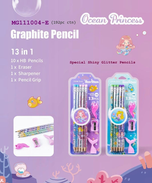 Ocean Princess pencil set for kids, 13-piece with glitter pencils, ages 3+, ideal for creative activities