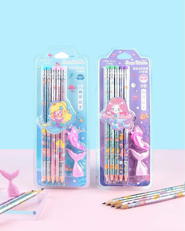 Ocean princess pencil set for kids with colorful designs and a playful fish sharpener, ideal for ages 3 and up