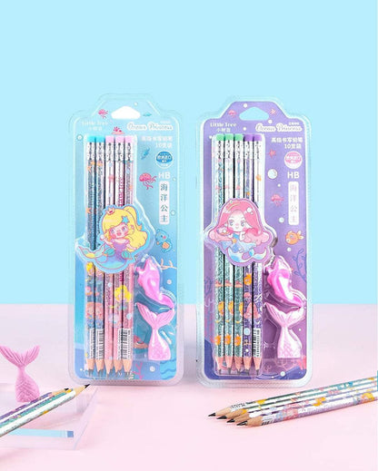 Ocean princess pencil set for kids with colorful designs and a playful fish sharpener, ideal for ages 3 and up