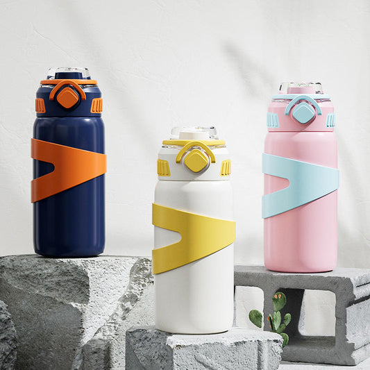 NIYO TOYS stainless steel drinks bottle in navy, white, and pink for kids ages 3 and up, perfect for outdoor use