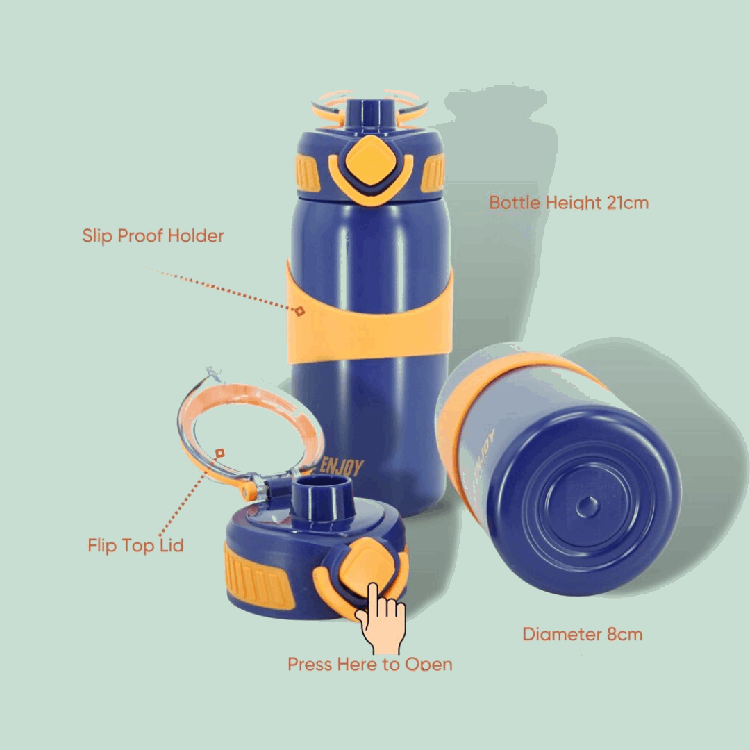 NIYO TOYS stainless steel drinks bottle in blue and orange, 21cm height, 8cm diameter, ideal for kids.