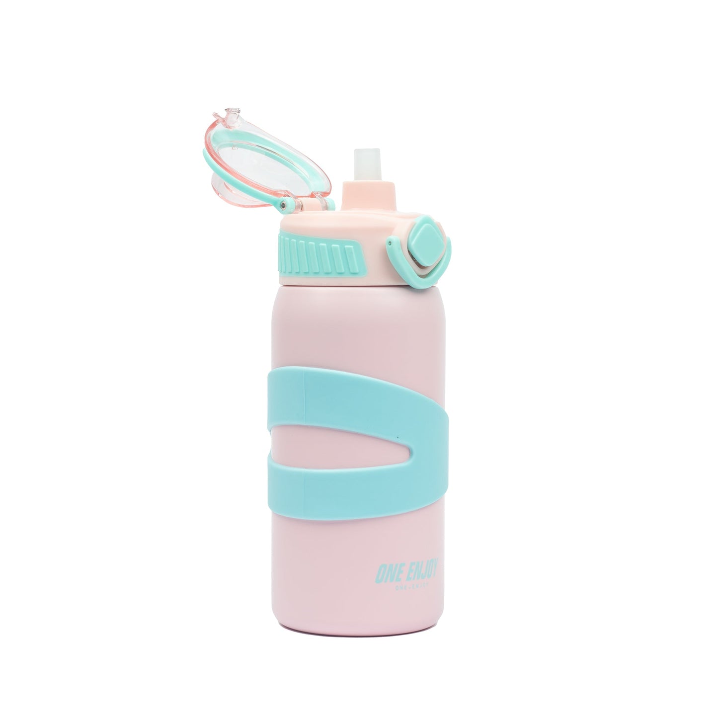 NIYO TOYS pink stainless steel drinks bottle with blue silicone grip for kids aged 3 and up
