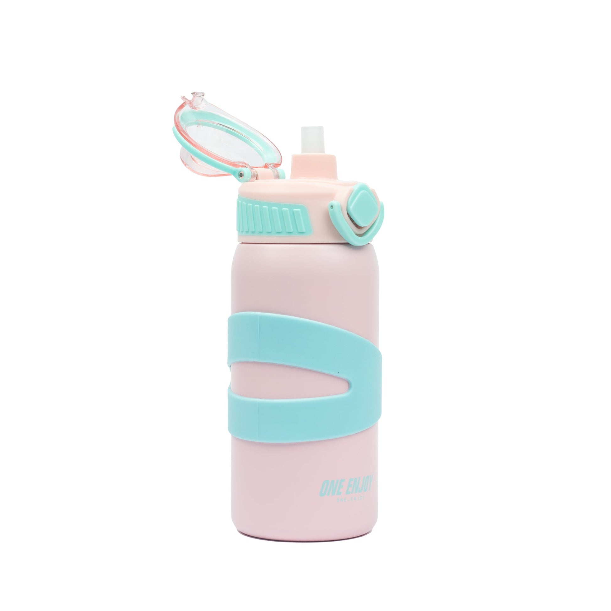 NIYO TOYS pink stainless steel drinks bottle with blue silicone grip for kids aged 3 and up