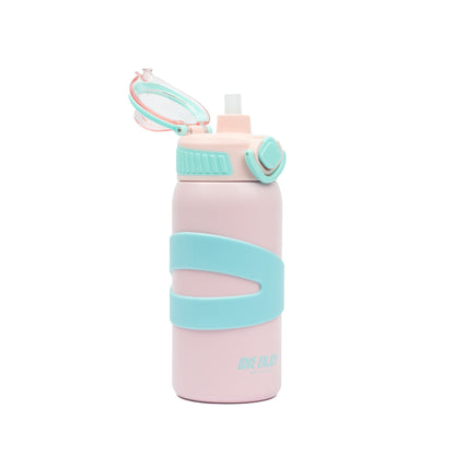 NIYO TOYS pink stainless steel drinks bottle with blue silicone grip for kids aged 3 and up