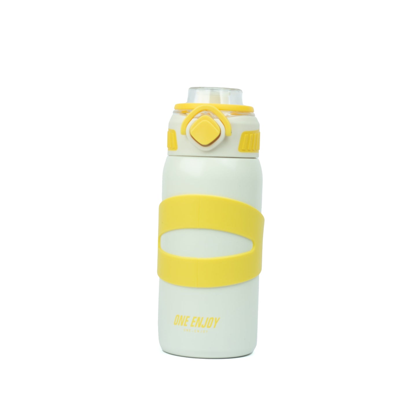 White and yellow stainless steel drinks bottle with a grip, perfect for kids age 3+ on outdoor adventures