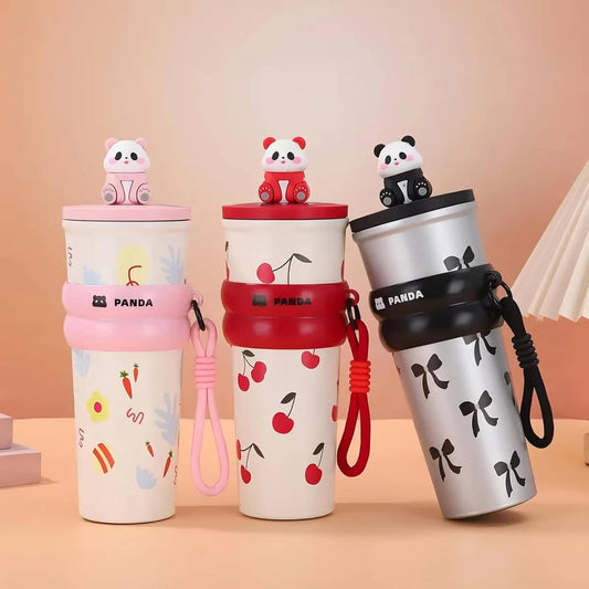 Owala black cherry water bottle in three colorful panda designs, perfect for kids aged 3 and up