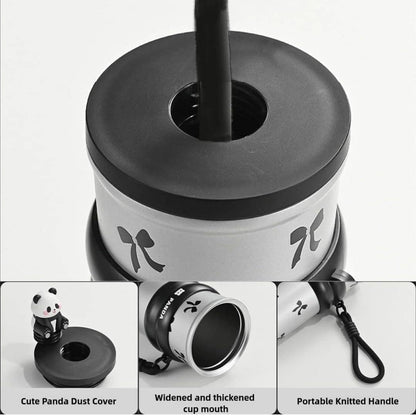 Owala black cherry water bottle with cute panda dust cover, designed for kids and active use