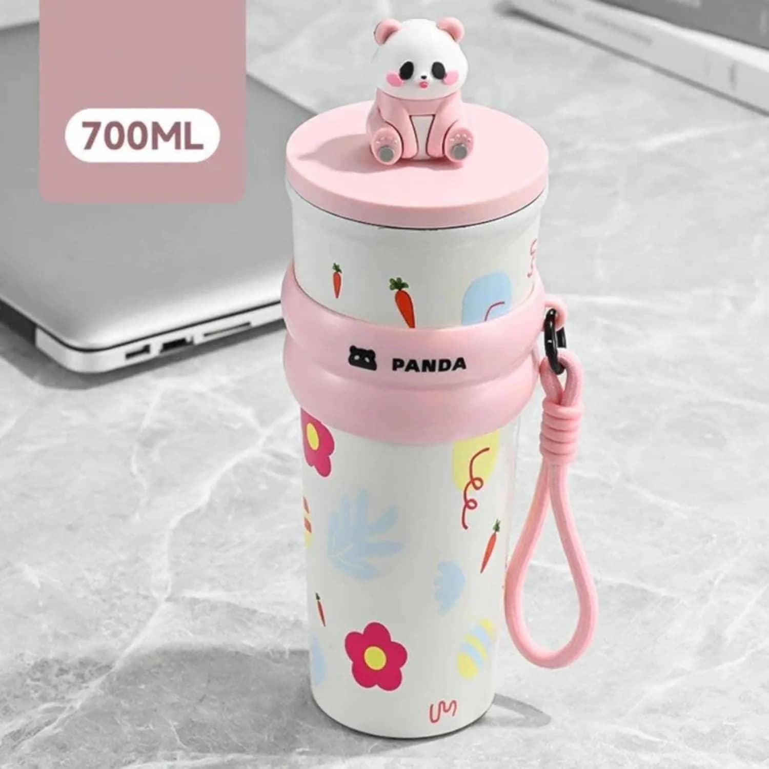 Owala black cherry water bottle with a floral design and panda lid for kids and adults, 700ml capacity