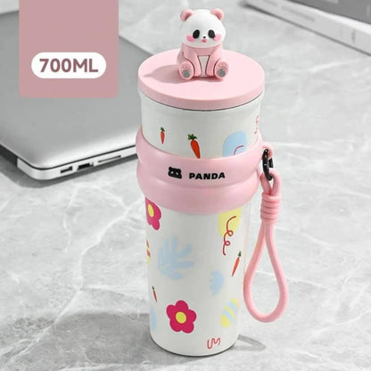 Owala black cherry water bottle with a floral design and panda lid for kids and adults, 700ml capacity