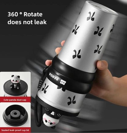 Owala black cherry water bottle with panda design, sealed lid, suitable for kids and adults.