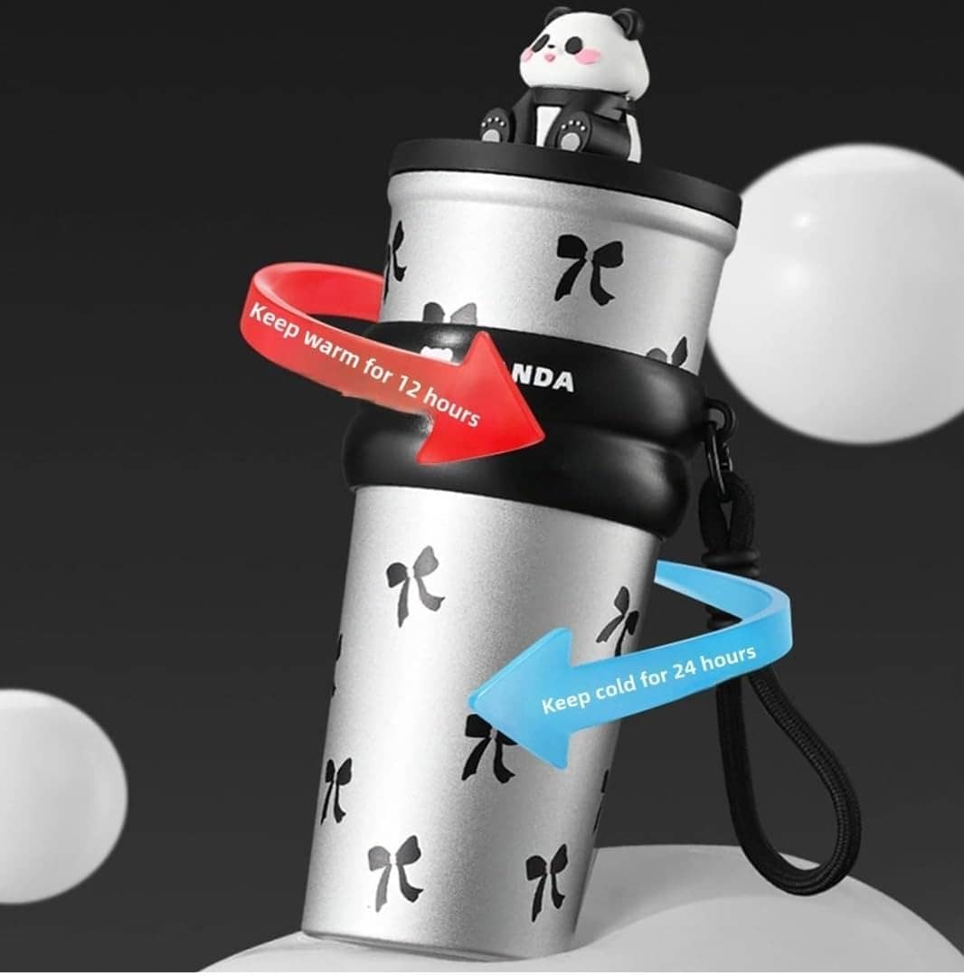 Owala black cherry water bottle with a cute panda lid, keeps drinks hot for 12 hours and cold for 24 hours.