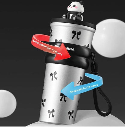 Owala black cherry water bottle with a cute panda lid, keeps drinks hot for 12 hours and cold for 24 hours.