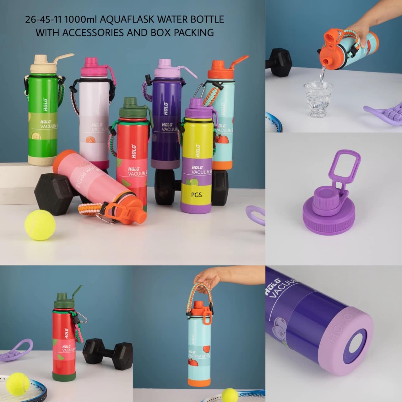 Colorful Owala water bottle with accessories, 1000ml capacity, perfect for kids and outdoor activities