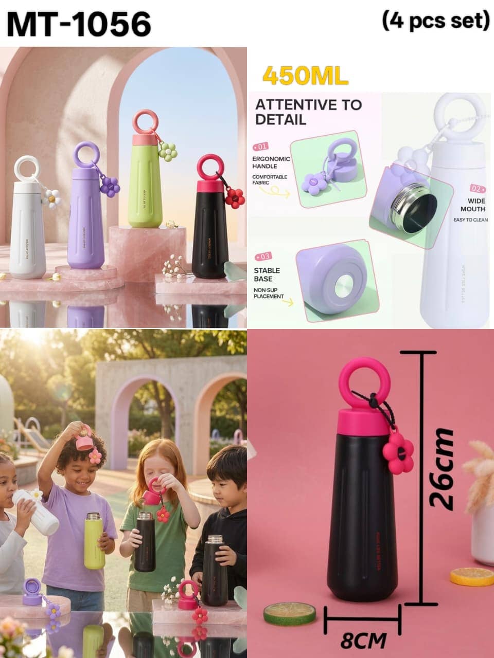 NIYO TOYS Owala water bottle in black with pink lid, 450ml for kids, perfect for school or outdoor activities