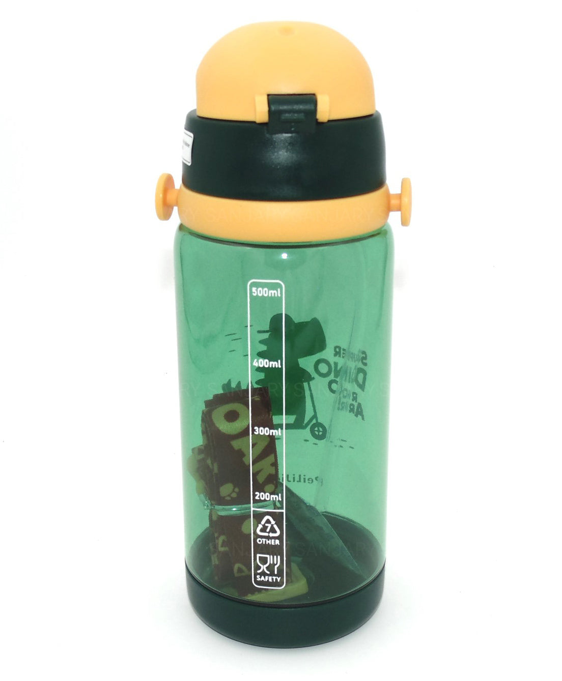 Green Owala water bottle with yellow lid, ideal for kids ages 5+ for school or outdoor activities