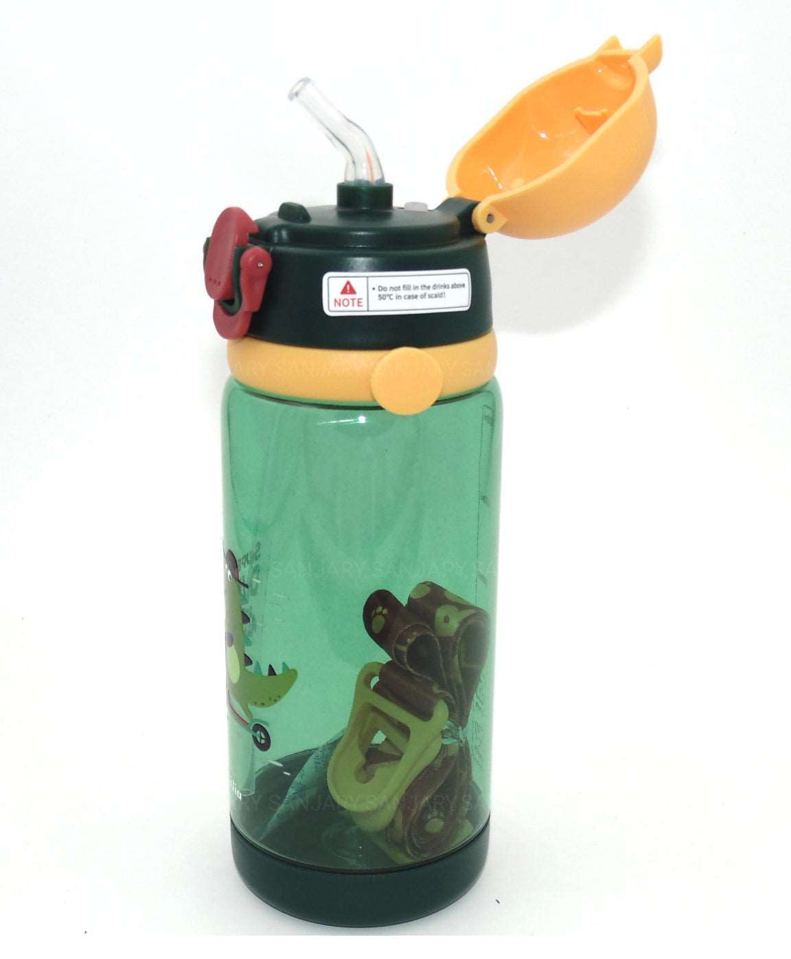 Green Owala water bottle with fun dinosaur design, ideal for kids age 3+, perfect for hydration on-the-go